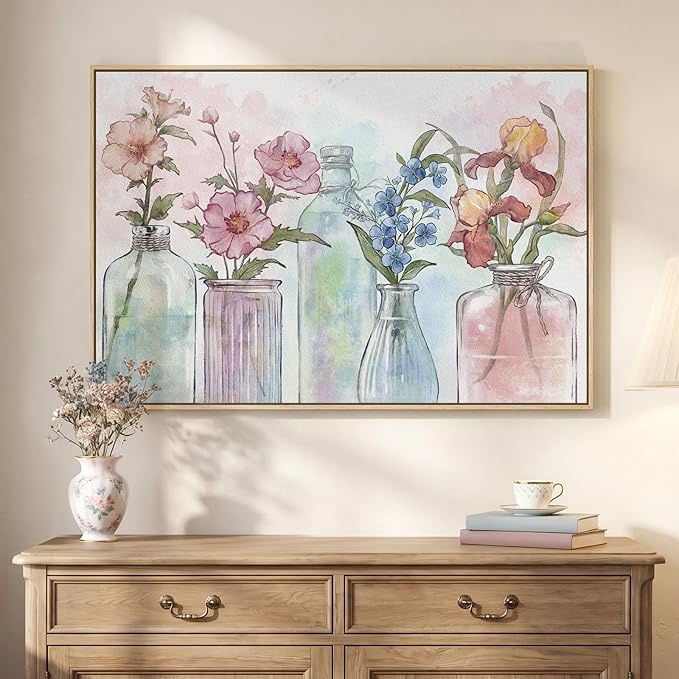 Framed Colorful Floral Wall Art, Modern Botanical in Vase Canvas Prints Painting, Pastel Watercolor Flower Wildflower Pictures for Living Room Bedroom Dining Room Bathroom Room Wall Decor, 24x36 Inch