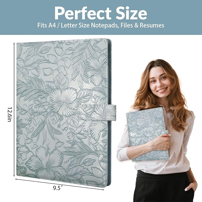 Professional Padfolio Portfolio Binder, Textured Embossing Faux Leather Folder Organizer for Letter Size Legal Pad Notepad Resume, Card Holder for Women Men Business Office Conference (Blue)