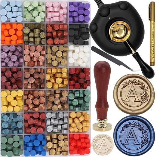 732 Pcs Sealing Wax Stamp Kit with Electric Wax Seal Warmer, Initial Alphabet A Seal Stamp, 28 Color Assorted Waxseal Beads, Spoon, Letter Sealingwax Kit (A)