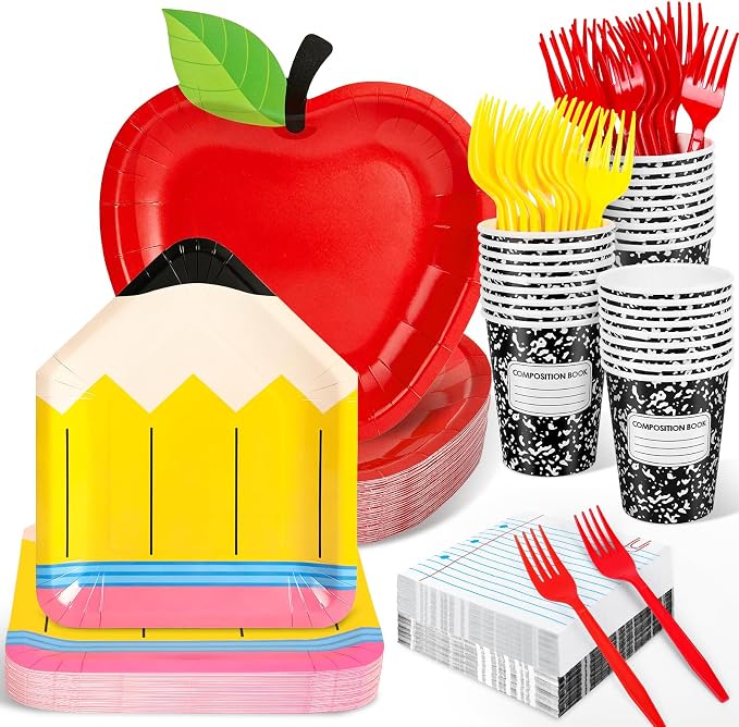 Whaline 120 Pcs Back to School Party Supplies Kit Apple Pencil Notebook Composition Tableware Set Disposable Dinnerware Paper Napkin Plate Cup Fork for 24 Guest First Day of School