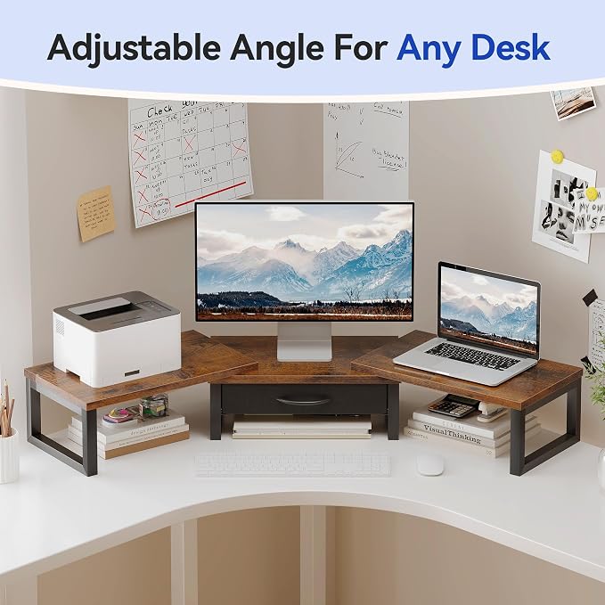 Desk Organizers and Accessories, Dual Monitor Stand Riser with Drawer, Computer Monitor Stand, Adjustable Desk Shelf for PC Laptop Printer TV, Brown