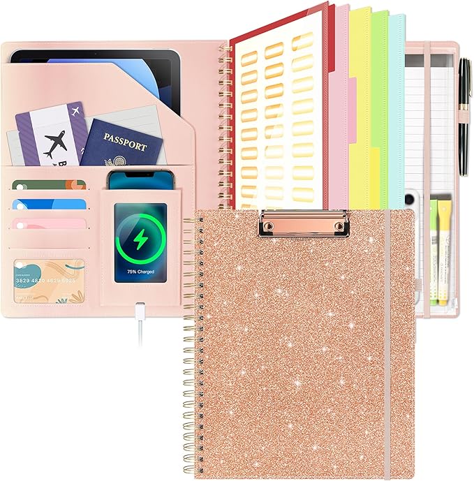 Ospelelf Clipboard with Storage Spiral Clipboard Folio for Letter Size,Organizer Folder with Zipper Pouch and 5 Dividers,Leather Portfolio for Office, School Rose Gold