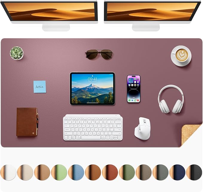 Aothia Dual-Sided Desk Mat, FSC Cork & PU Leather Desk Pad, Large Mouse Pad & Writing Surface for Full Desk Coverage, Non-Slip Waterproof Desk Protector - 47" x 23.6", Pale Mauve