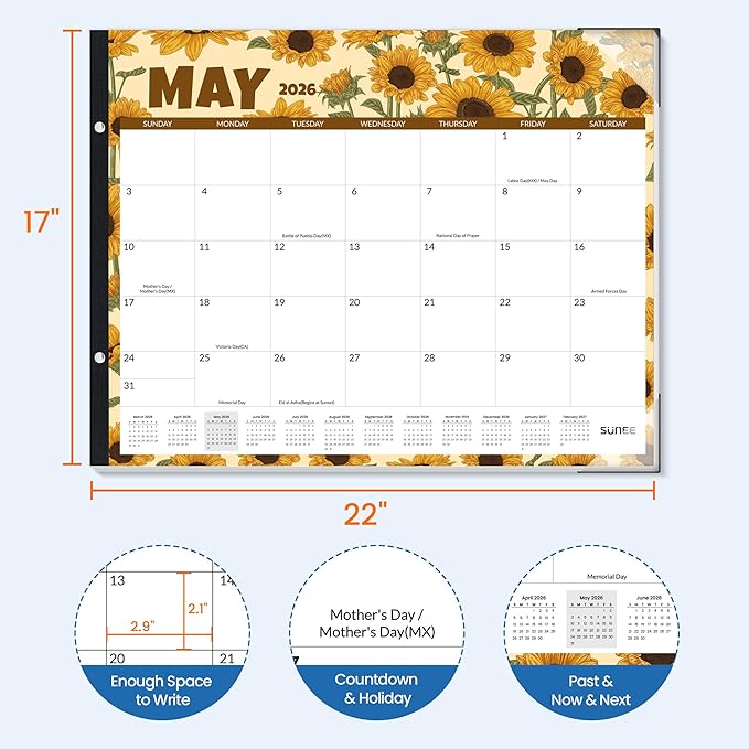 SUNEE Desk Calendar 2026 Large 22x17 from April 2026 to December 2027, Extra Large Desktop Monthly Calendar Pad 21 Months For Teacher or Office, Desk Top, Seasonal
