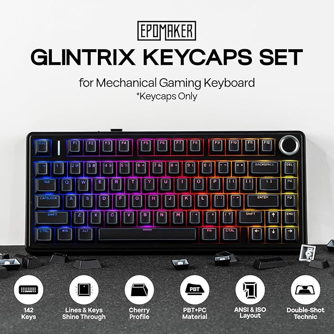 EPOMAKER Glintrix PBT Shine Through Keycaps, Arris & Keys Backlit, Double Shot, Cherry Profile, 60/75/96/Full Size, Custom Keyboard Keycaps Set for Mechanical Gaming Keyboard (Black)