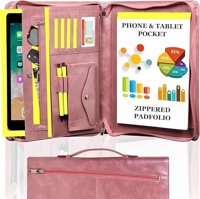 AZXCG Portfolio Binder, Pink Padfolio with Handle and Zipper,Leather Padfolio for Women,Professional Business Portfolio Organizer,A4 Notepad Holder, Gift for Valentine's Day,Girls and Women,