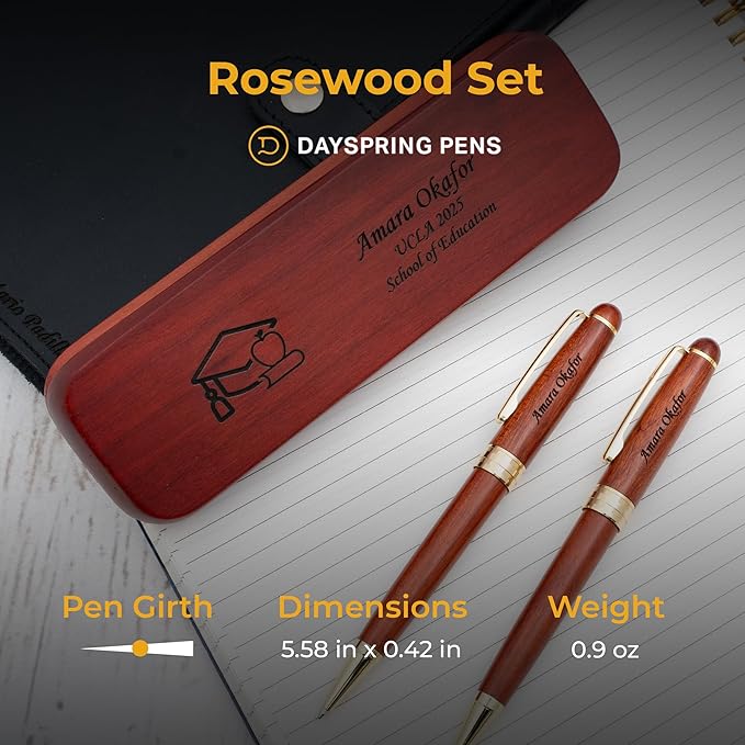 Dayspring Pens Personalized Rosewood Graduation Pen and Pencil Set with Teacher Emblem from Gift for Educators and New Teachers