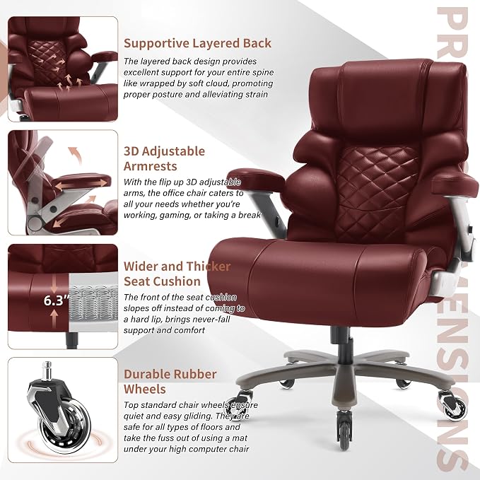 VUZI 700lbs Big and Tall Office Chair, Large Executive Leather Desk Chair | Adjustable Lumbar Support for Back Pain, Plus Size Wheels, 3D Flip Arms, Heavy Duty Metal Base, Wide Seat Computer Chair