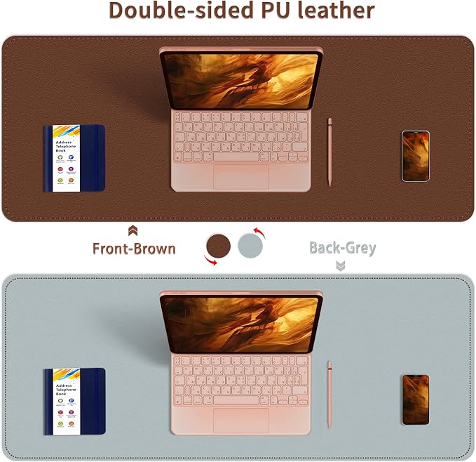 Bleswin Multifunctional Large Desk Mat, Double Sided Computer Desk pad, Extended Mouse Mat, Office Desk Protector with Waterproof PU Leather, 35.4''×16.9'', Office Home Writing Pad (Brown+Grey)