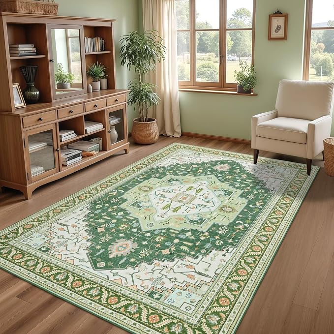 Macgace 5x7 Green White Area Rug for Living Room, Machine Washable Rugs with Non-Slip Backing for Bedroom, Vintage Medallion Carpet Dining Room Office Kids Room Decor