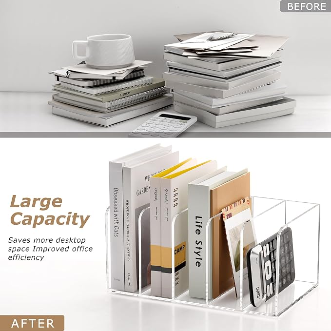 SANRUI Acrylic Magazine Holder Desk Organizer Workspace Sorters, Clear Bookend File Sorter Folder Rack For Home Office Accessories Organization Storage with 5 Vertical Compartments