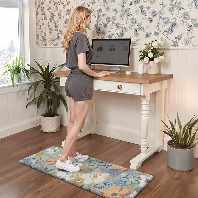 GENIMO Anti Fatigue Kitchen Mats for Floor 2PCS, Cushioned Standing Mats | 17.3"x47"&17.3"x30", Aqua vintage floral rug set, waterproof, non slip, easy-clean for farmhouse