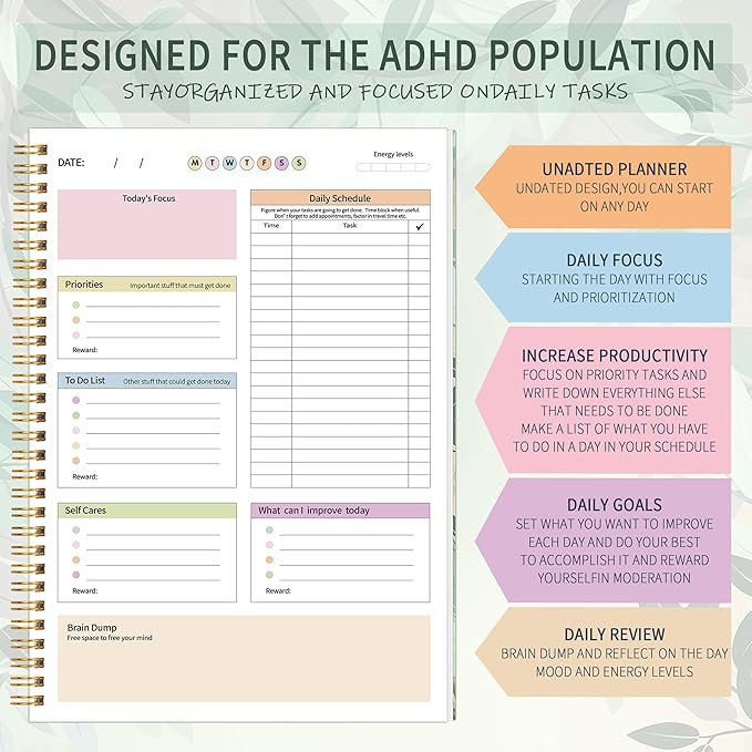 ADHD Daily Planner with Hardcover for Men & Women ,Productivity Planner & Undated Task Management Organizer Daily Schedule,Self-Care,To-Do List for Neurodivergent Adults, Focused Planners Cardboard Cover for Adult & Teens - Green Leaves