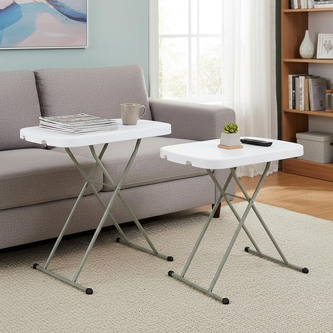 Lavish Home Portable Folding Tables - Lightweight Portable Folding Desk with Adjustable Height - Small Indoor Outdoor Plastic Table for TV Tray, Playing Cards & Craft Room (Set of 2/White/26 Wide)