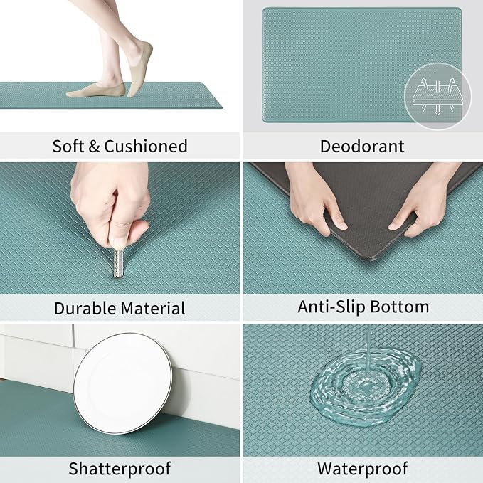 Kitchen Mats and Rugs Set of 2 - Cushioned Anti-Fatigue Kitchen Rug for Floor Washable 17"x29" +17"x59", Turquoise