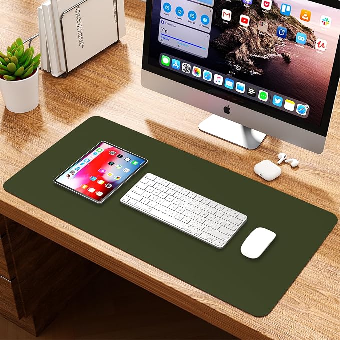 Leather Desk Pad Protector, Waterproof Mouse Pad, PU Desk Mat, Office Desk Cover, Desk Writing Mat for Office/Home/Work/Cubicle (Olive Green) 31.5x15.7 in