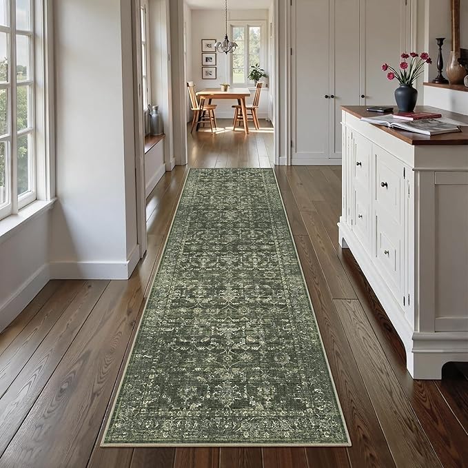 3x10 Green Runner Rug Hallway Washable Area Rugs Kitchen Vintage Boho Non Slip Long Rug Floral Carpet Indoor Retro Soft Low Pile Throw Rug for Bedroom Bathroom Laundry Dining Living Room Office