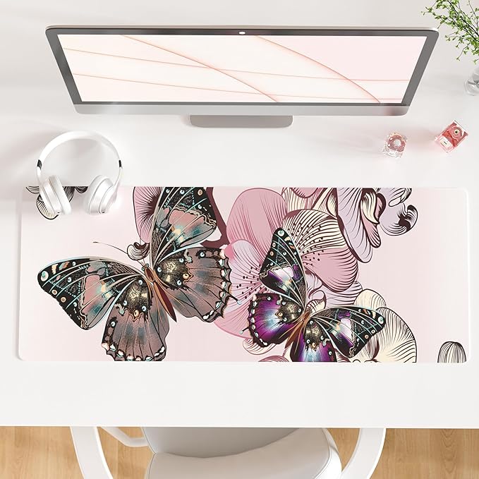 QiyI Large Mouse Pad, PU Leather Desk Blotter Protector, Waterproof Computer Desk Mat, Butterflies Keyboard Mouse Pads, Non Slip Base Home & Office Accessories, Extended Large Size 31.5" x 11.8"
