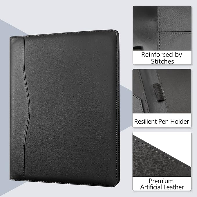 Padfolio Portfolio Folder Portfolio Organizer for A4 Size Pad - Faux Leather Folder with Storage Pocket, Card Holders & Pen Loop for Business Meeting, Office, Student (Black)