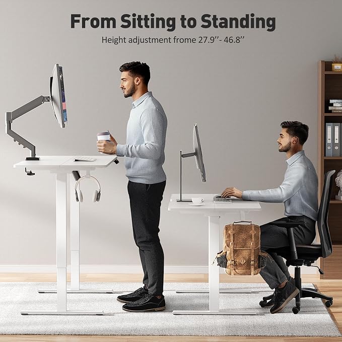 55x24 in Electric Standing Desk,Adjustable Height with Wheels,White | Spliced Desktop,27.9"–46.8" Height Range,4 Memory Presets,Lockable Wheels,Headphone Hook,Sit Stand Desk,Home Office