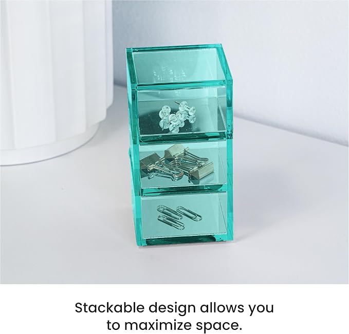 3-Tier Stackable Acrylic Holder, Green with Silver Metal Base | Stylish desk organizer and storage for office or home, Transparent square design, Functional and elegant desk accessories