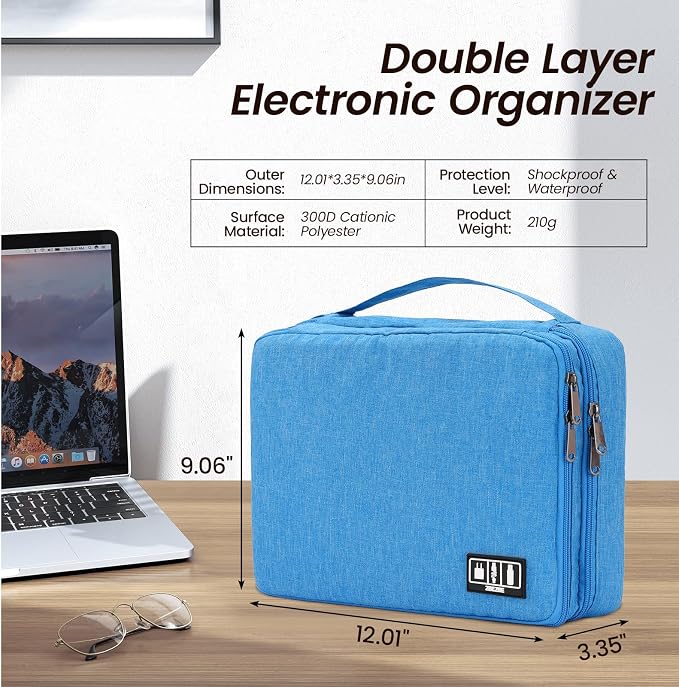 Large Electronic Organizer Travel Case, Double Layer Tech Accessories Bag with 3 DIY Adjustable Dividers, Waterproof Padded Cable Storage Pouch for Camera Gear, Power Bank, Hard Drive, Mouse