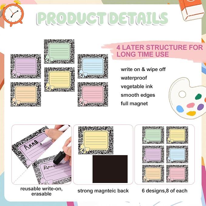 48 Pcs Pastel Composition Dry Erase Magnetic Labels with a Pen Colorful Bow Student Name Tags Magnetic Locker Name Plates Stickers for Classroom Desks School Whiteboards
