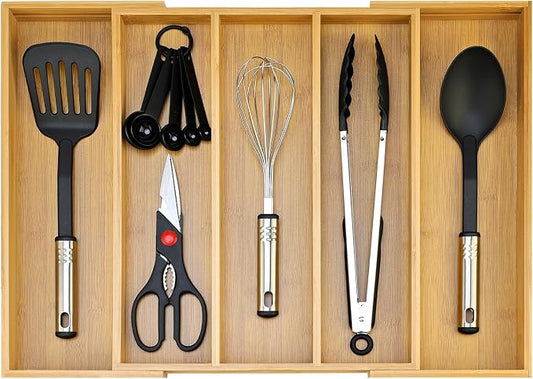 Expandable Bamboo Silverware Drawer Organizer Large Kitchen Utensils Tray | Wide Cooking Utensils Drawer Big Spoon Divider Adjustable Tongs Spatula Organizer Knife Cutlery Tray Wood Flatware Holder