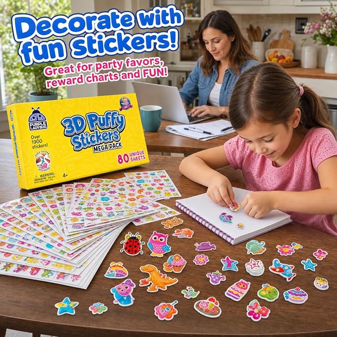 Purple Ladybug 1900+ Puffy Sticker Collection for Kids 4-8 - 80 Unique Reusable Sheets, Creative 3D Designs - Reward Stickers, Arts & Crafts Set, Travel Activities, Road Trip Essentials & Toys
