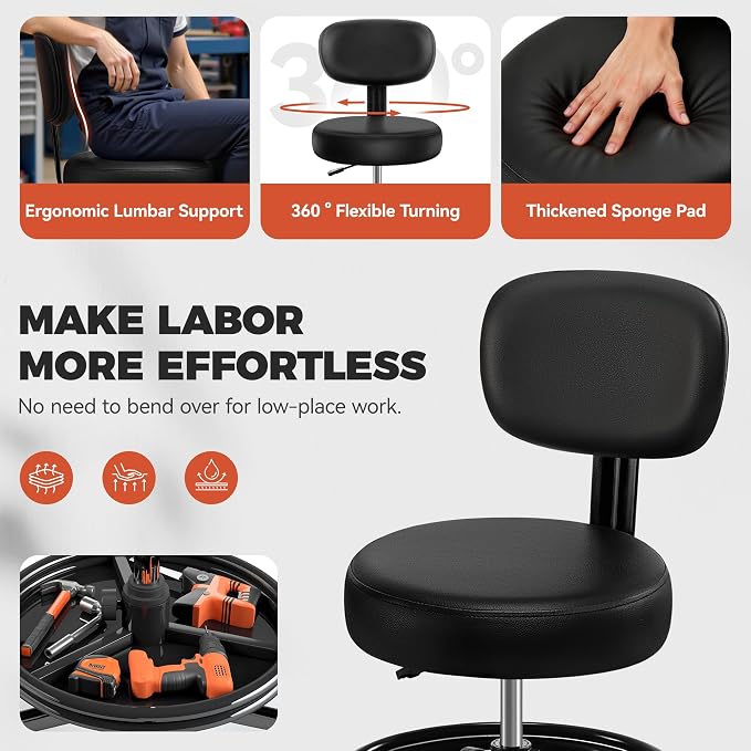 BestGlory Shop Stool with Wheels for Garage, Mechanics Rolling Chair with Backrest, Adjustable Height Heavy Duty Garage Stool with Footrest and Storage Tray, Swivel Task Chair for Workshop Salon