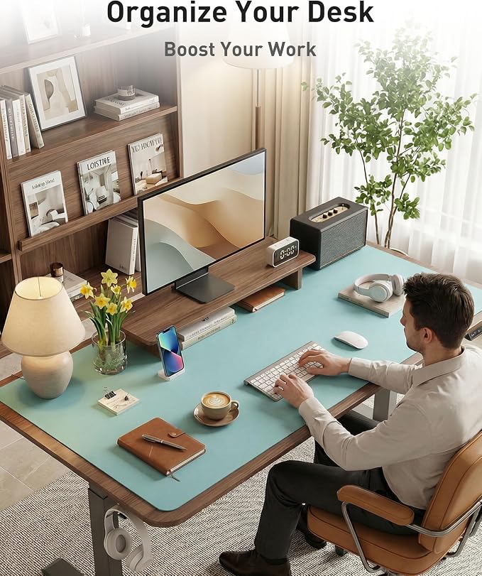 Aothia Faux Leather Desk Mat - Large Mouse Pad, Non-Slip PU Leather Blotter, Waterproof Writing Surface for Office and Home (Blue Topaz, 42" x 17")