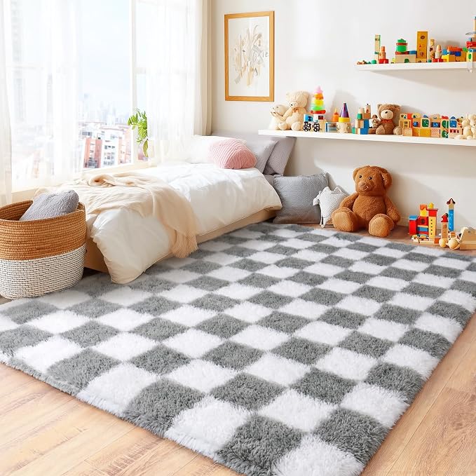 Checkered Rug 4x6 for Bedroom, Ultra Fluffy Shag Area Rugs for Living Room, Upgrade Anti-Skid High Pile Soft Rug Fuzzy Carpet for Living Room Bedroom Kids Room Nursery, Dorm Home Decor, White & Grey
