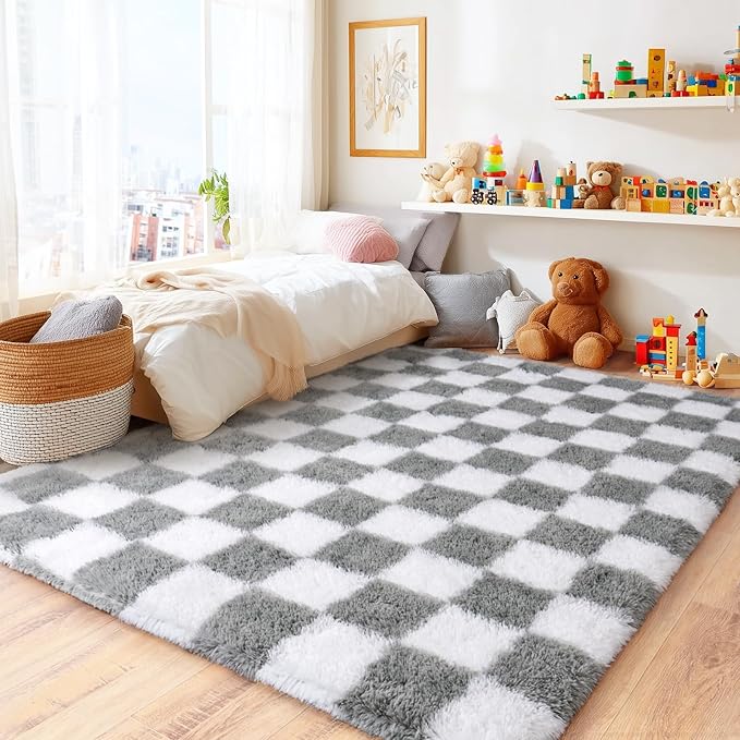 Area Rugs for Living Room Bedroom 9x12, Ultra Fluffy Shag Checkered Rug Modern Washable Carpet Soft Shaggy Non Slip Indoor Plush Fuzzy Rugs for Bedroom Dorm Office Home Aesthetic Decor, White & Grey
