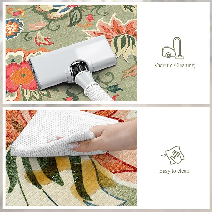 LEEVAN Anti Fatigue Kitchen Mats for Floor, Cushioned Kitchen Mat Set 2PCS | 17.3"x29"+17.3"x47", Boho Floral Green Kitchen Rugs Non-Slip, Waterproof Ergonomic Standing Mats for Laundry, Office, Sink