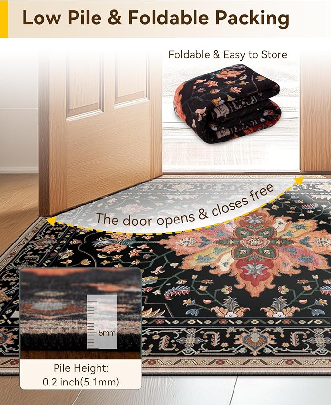 RELEANY Area Rugs Runner 2'x5' Washable Non-Slip, Floral Vintage Distress Medallion Carpet for Kitchen Hallway Bedroom Beside Laundry Room Bathroom, Black Colorful Floral Dark Tan