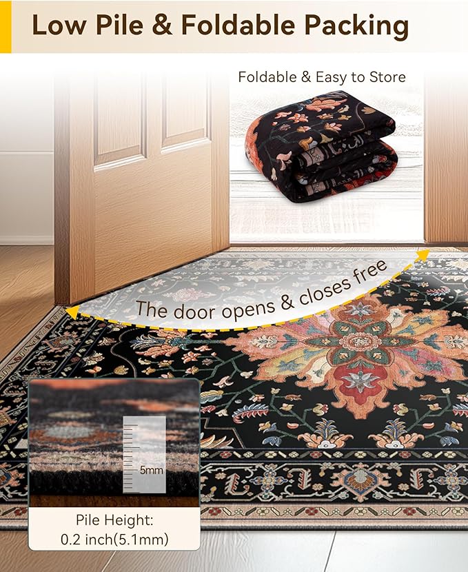 RELEANY Area Rugs 7'x9' Washable Non-Slip, Floral Vintage Distress Medallion Carpet for Living Room Bedroom Dining Room, Black Colorful Floral Dark Tan