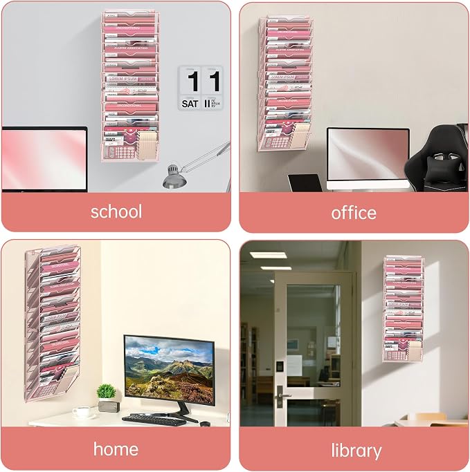 14 Tier Wall Hanging File Organizer, Paper Folder Holder Wall Mounted, Metal Mail Sorter for Office Home School, Pink