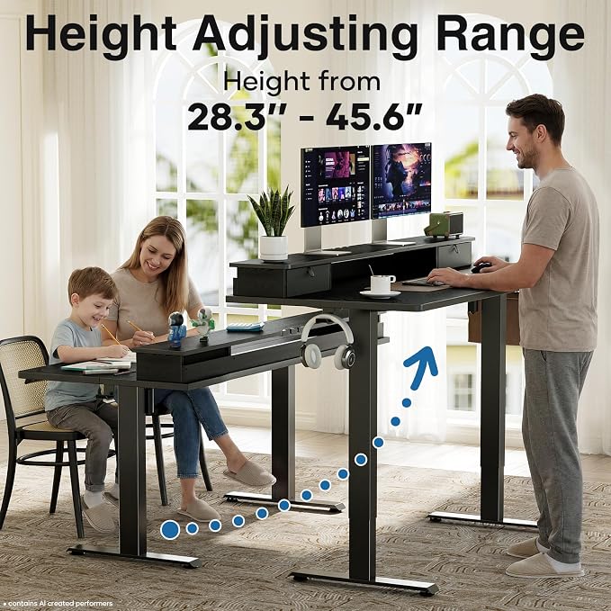 Veken 55x26 in Electric Standing Desk with Drawers, Adjustable Table, Black | Stand up Computer Desk for Home Office, Work & Study, with Storage, 3 Memory Presets, Cable Organizer, Hook, and Quiet Lift.