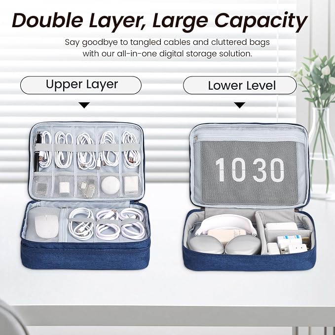 Large Electronic Organizer Travel Case, Double Layer Tech Accessories Bag with 3 DIY Adjustable Dividers, Waterproof Padded Cable Storage Pouch for Camera Gear, Power Bank, Hard Drive, Mouse