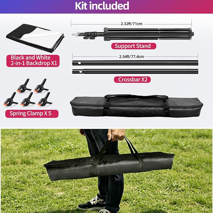 Black White Backdrop Screen with Stand Kit 5x6.5ft for Photo Video Studio, 2-in-1 Revisible Black Backdrop White Screen with T-Shaped Photography Background Support Stand and 5 Clamps