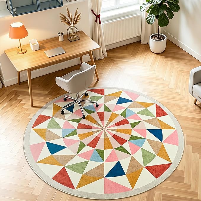 Terrug Multicolored Geometric Round Rug 5ft for Kids Room, Soft Non-Slip Washable Circle Play Mat for Nursery Bedroom Playroom, Bright Sunburst Area Rugs for Home Office