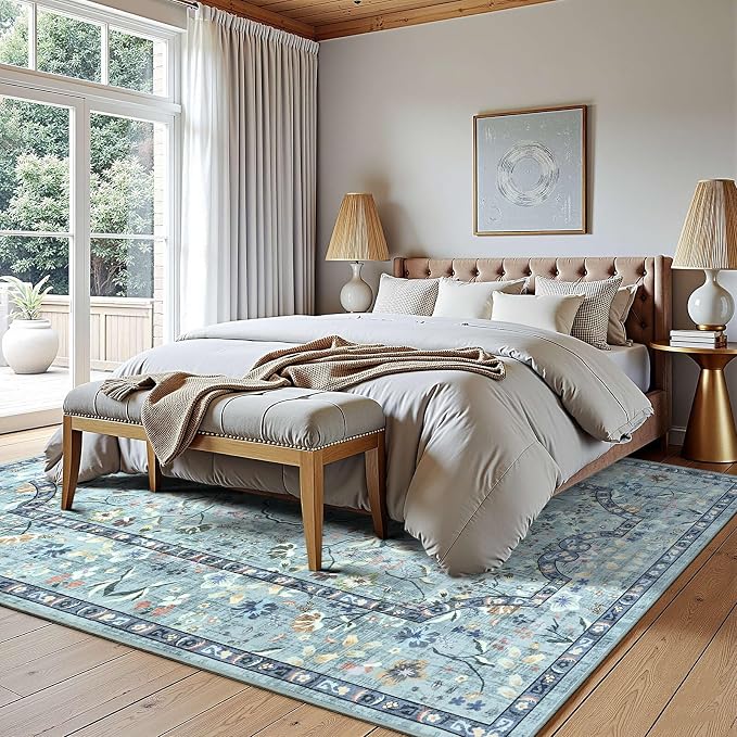 Vasofe 3x5 Area Rug for Bedroom, Washable Rugs for Living Room, Laundry, Kitchen, Vintage Floral Indoor Non Slip Carpet Farmhouse Blue Throw Carpets Soft Low Pile Mat for Dorm Bedside Entryway