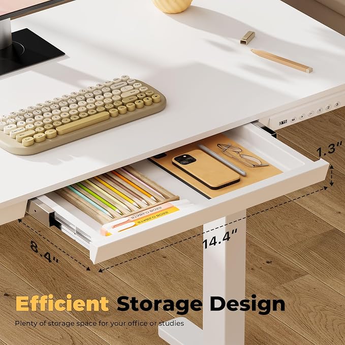 Electric Standing Desk with Drawer, 40" x 20" Whole Piece Tabletop Samll Sit Stand Desk, Height Adjustable Desk with Storage & USB Ports, Quick Install Home Office Computer Desk, White