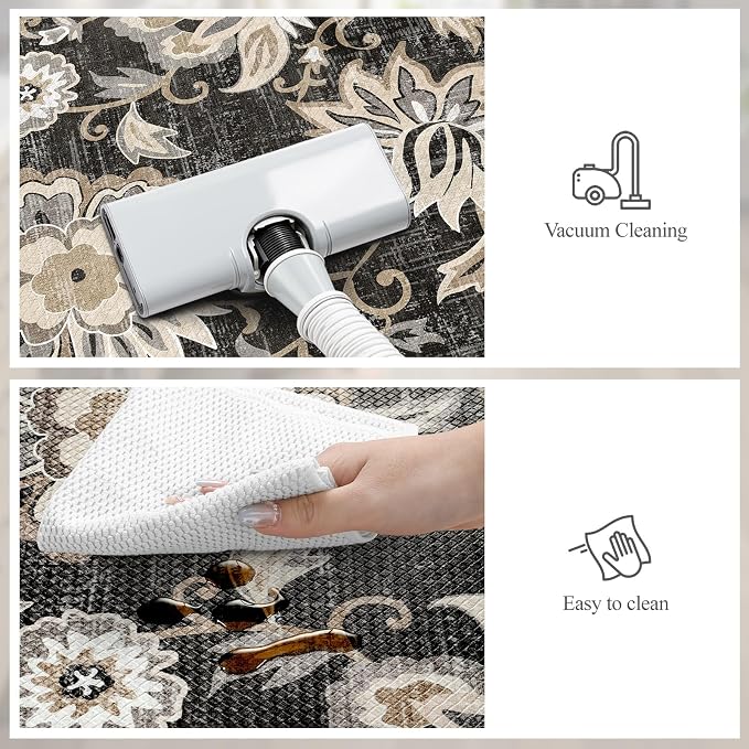 LEEVAN Anti Fatigue Kitchen Mats for Floor, Cushioned Kitchen Mat Set 2PCS | 17.3"x29"+17.3"x47", Boho Floral Black Kitchen Rugs Non-Slip, Waterproof Ergonomic Standing Mats for Laundry, Office, Sink