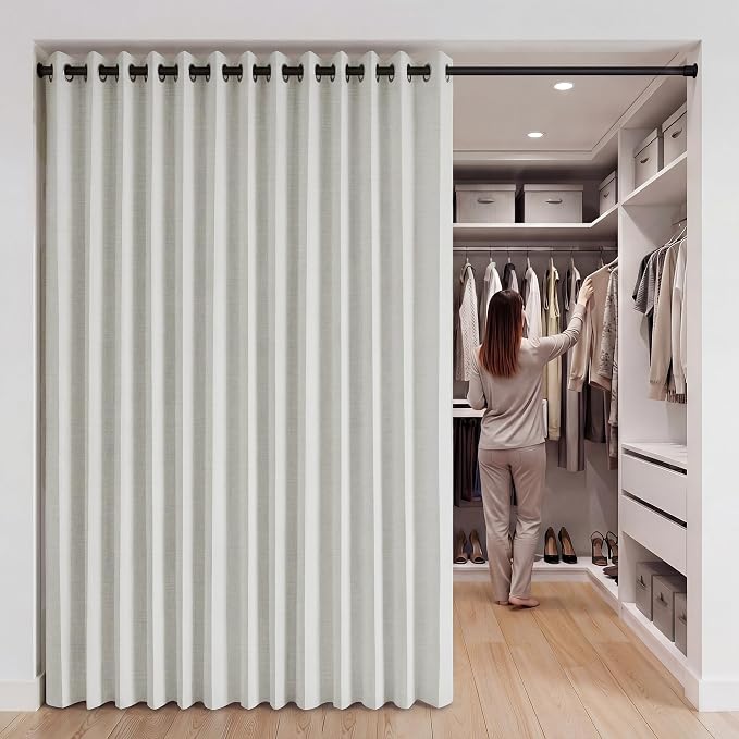 RYB HOME Accordion Style Room Divider Curtain-100% Blackout Folding Accordion Curtain for Sliding Glass Door/Bedroom, Privacy Assurd Living Room/Office Drape 1 Panel with Tieback, W100 x L108, Beige