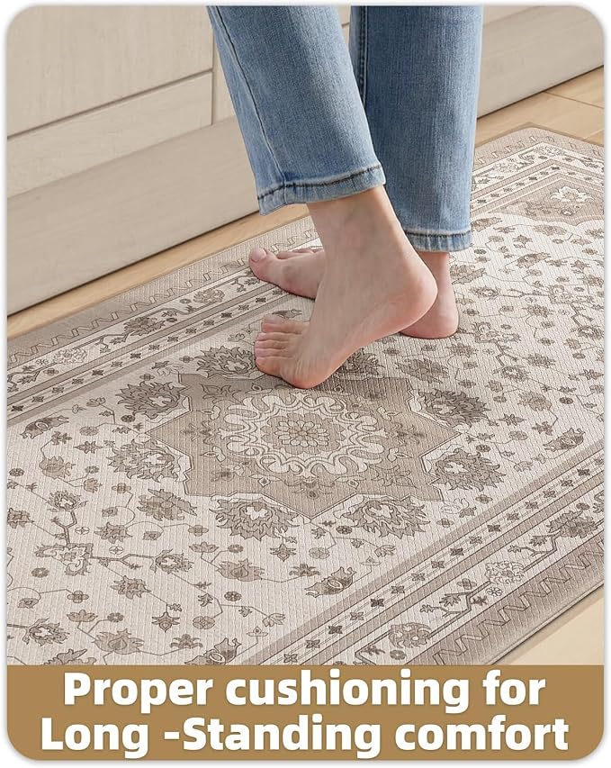 Color&Geometry Kitchen Mat 2PCs-24x59+24x87 Vintage Anti Fatigue, Beige | 0.4in Cushion Standing Mat For Cooking/Working/Laundry, Boho Decor, Non Slip PVC Kitchen Rug, Oil/Water Proof, Anti Slip