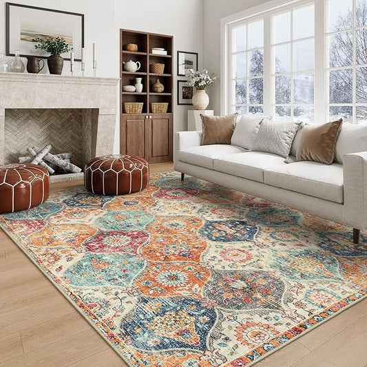 Lahome Moroccan 5x8 Area Rug, Ultra-Thin Washable Rugs for Living Room Bedroom, Soft Large Oriental Non-Slip Non Shedding Throw Large Carpet for Dining Room Office Elise, Cream/Multi