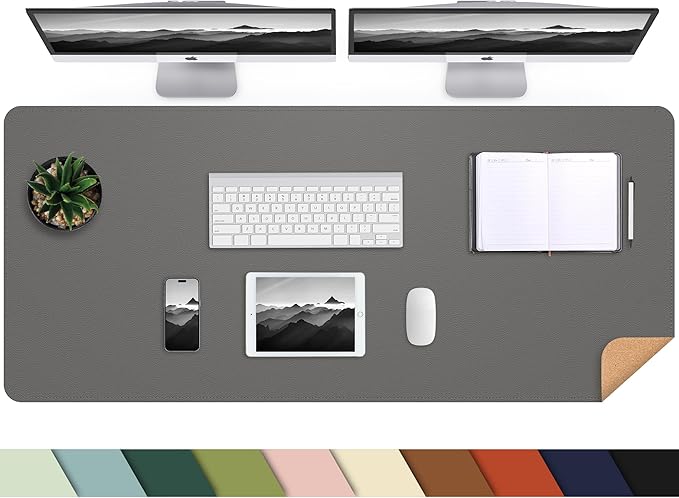 AFIING Leather Desk Pad Protector, 47" x 17" Large Desk Mat with Natural Cork & PU Leather, Mouse Pad, Non-Slip, Waterproof Desk Writing Pad for Office and Home (Dark Grey)