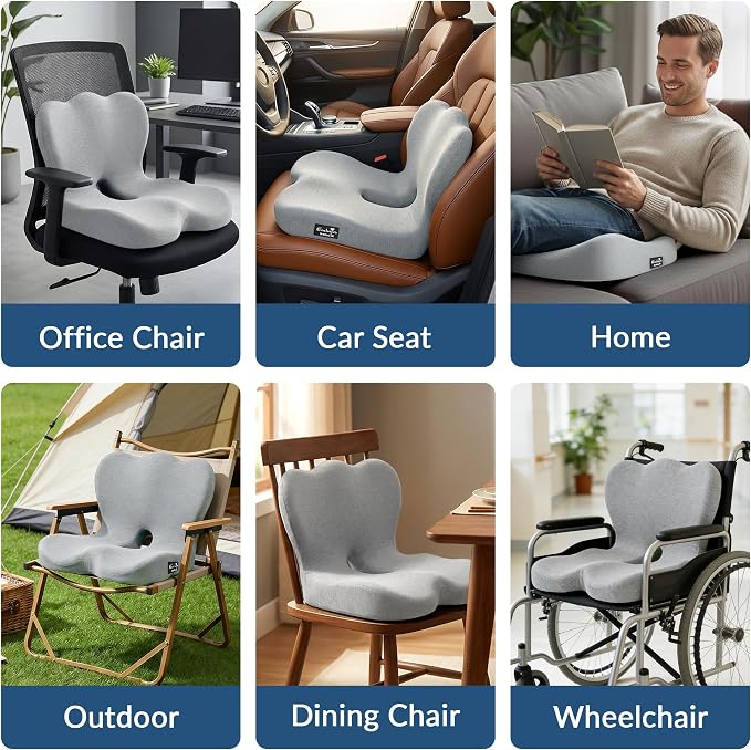 Exclusivo Mezcla Memory Foam Seat Cushion, Light Grey | Ergonomic Tailbone Pain Relief Cushions, Non-Slip Seat Pad, Suitable for Office Chair and Car Seat