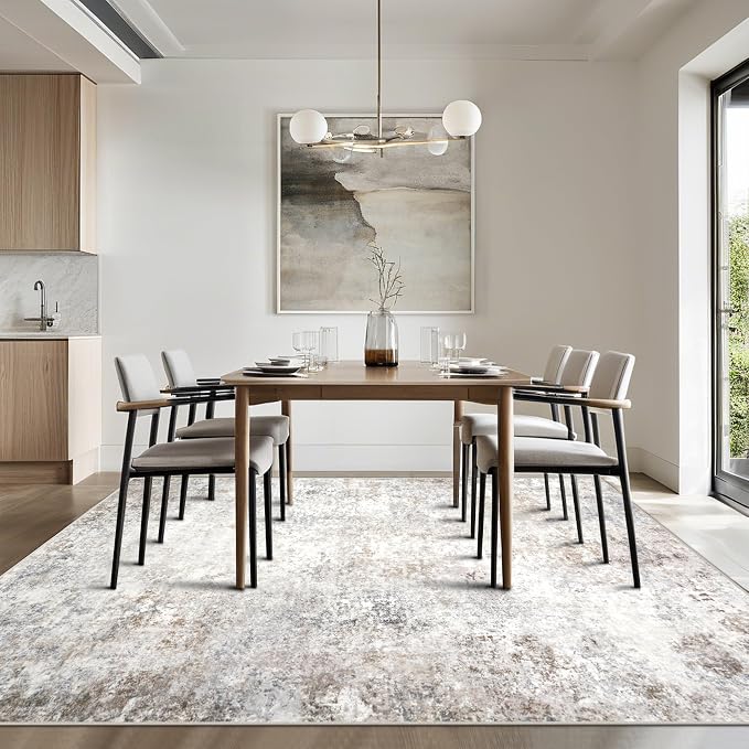 Srugn Washable Rugs 5x7 Area Rugs for Living Room,Modern Abstract Rugs for Bedroom,Large Carpets,Ultra Soft Faux Wool Retro Dining Room Rug,Non Slip&Non-Shedding Low Pile Print Rug- Beige Grey